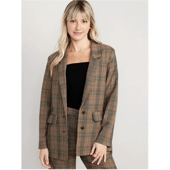 Old Navy Taylor Relaxed Suit Blazer Jacket Brown Plaid Women size XL Tall NWT - Picture 1 of 9